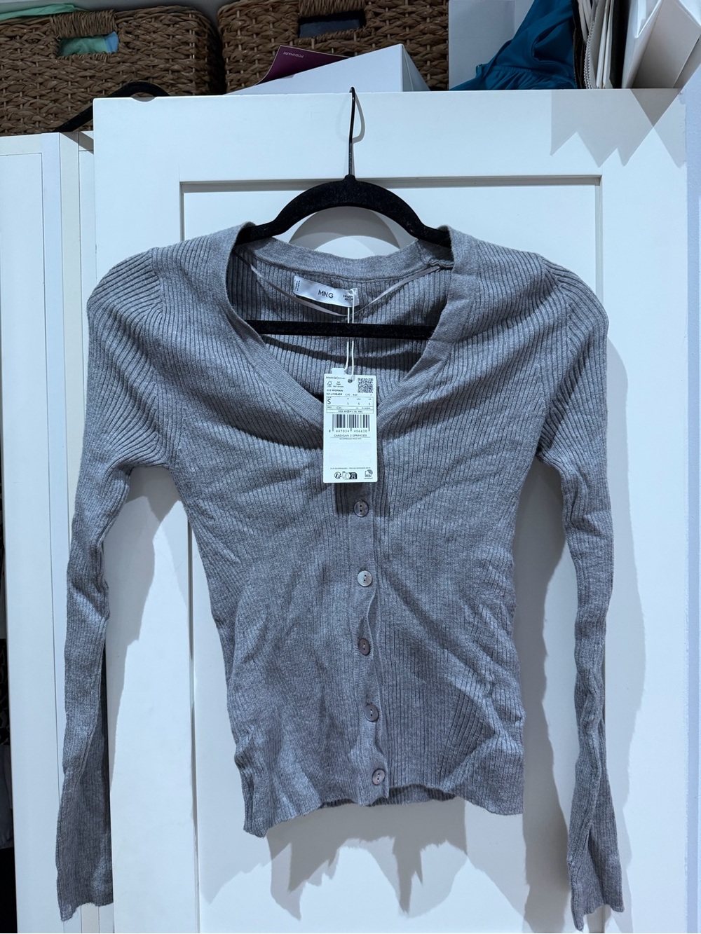 Mango Gray Ribbed Button-Down Long Sleeve Top
